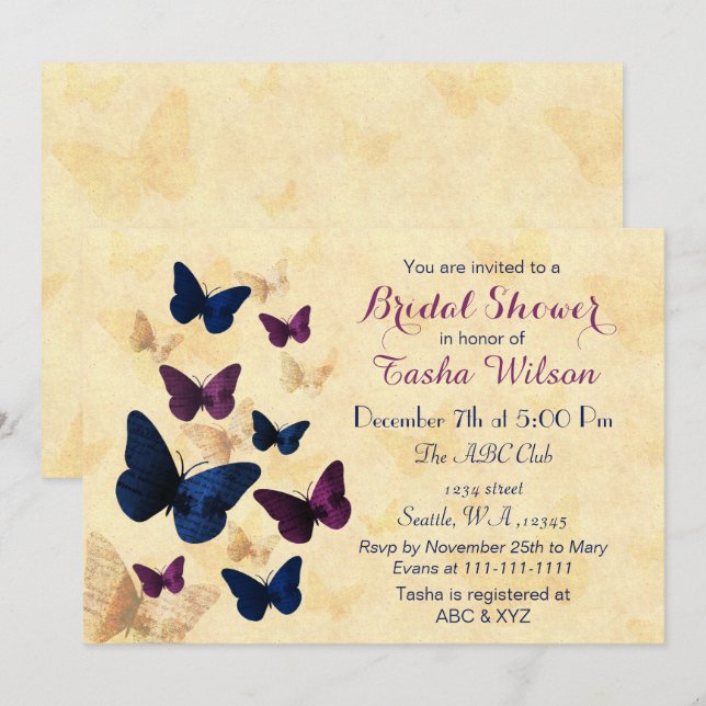 Invitación Mariposas de Plum de Marina La ducha de novia rúst (Anverso / Reverso)