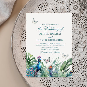 Invitación Mariposas de Plumas de Pavo Real Tropicales Boda