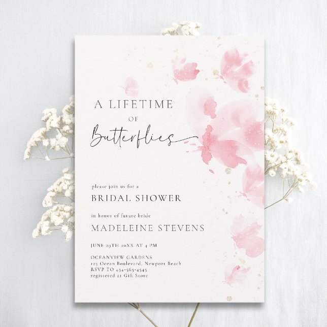 Invitación Mariposas de por vida Románticas Rubor Brillantes  (butterflies theme bridal shower invitation whimsical watercolor romantic dreamy pink blush)