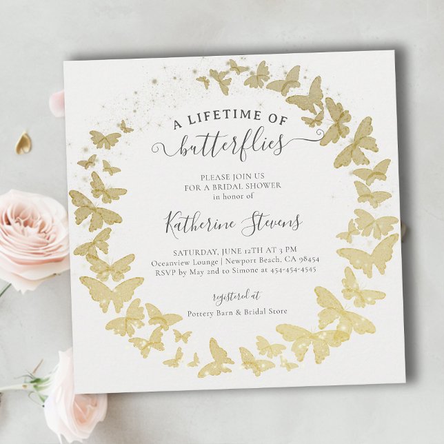 Invitación Mariposas de por vida Wreath moderna ducha de novi (a lifetime of butterflies bridal shower invitation gold foil butterfly garden whimsical square)