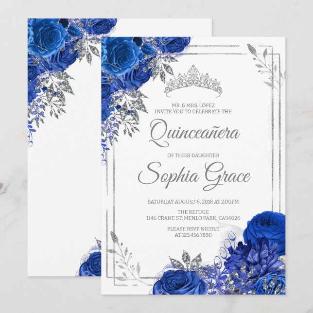 Invitación Mariposas de Quinceañera Azul Real Mis Quince (Anverso / Reverso)