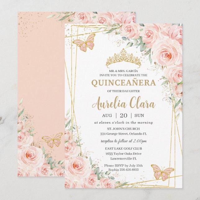 Invitación Mariposas de Rosas florales Quinceañera Soft Rubor (Anverso / Reverso)