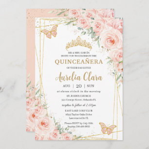 Invitación Mariposas de Rosas florales Quinceañera Soft Rubor