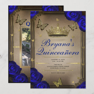 Invitación Mariposas de Tiara de Oro Rosas Azules Quinceañera