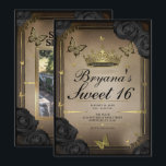 Invitación Mariposas de Tiara de Oro Rosas Negras Dulces 16 F<br><div class="desc">Personalice de la manera que desee.

Reemplace la foto en la parte posterior con su propia foto o elimine la foto por completo.</div>