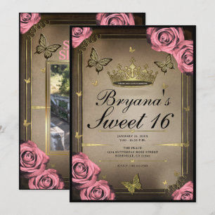 Invitación Mariposas de Tiara de Oro Rosas Rosadas Foto de Cu