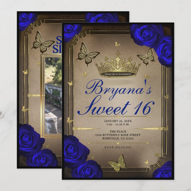 Invitación Mariposas de Tiara Dorada Rosas Azules Dulces 16 (Anverso / Reverso)