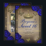 Invitación Mariposas de Tiara Dorada Rosas Azules Dulces 16<br><div class="desc">Personalízalo como quieras.</div>