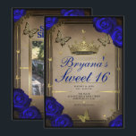 Invitación Mariposas de Tiara Dorada Rosas Azules Dulces 16<br><div class="desc">Personalízalo como quieras.</div>