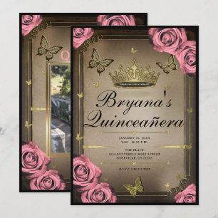 Invitación Mariposas de Tiara Dorada Rosas Rosadas Quinceañer