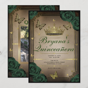 Invitación Mariposas de Tiara Rosas Esmeralda Verde Quinceañe
