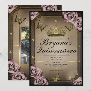 Invitación Mariposas de Tiara Rosas Rosa Pálido Quinceañera
