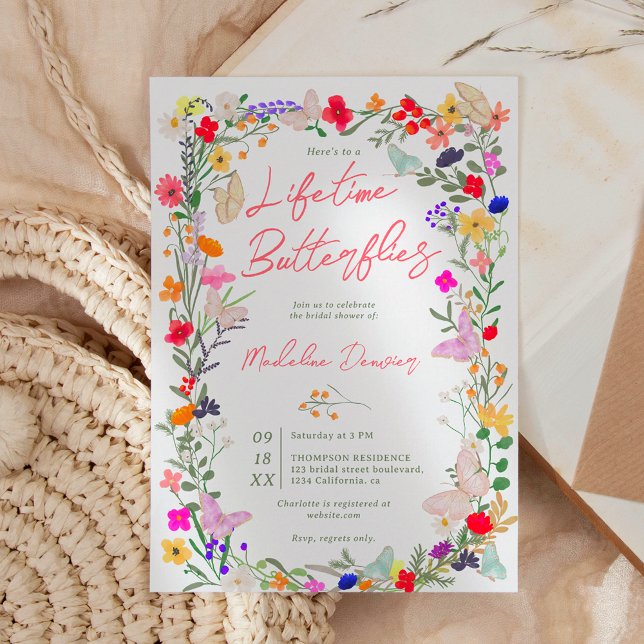 Invitación Mariposas de toda la vida de Boho ducha de novia f (Boho lifetime butterflies wildflower bridal shower invitation)