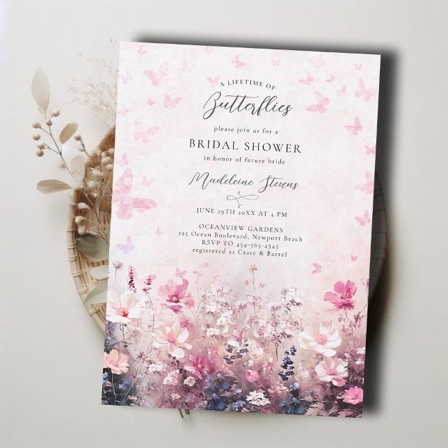 Invitación Mariposas de toda la vida Flor silvestre Flor rosa (lifetime butterflies bridal shower invitation brunch tea pink purple peach wildflowers garden party)