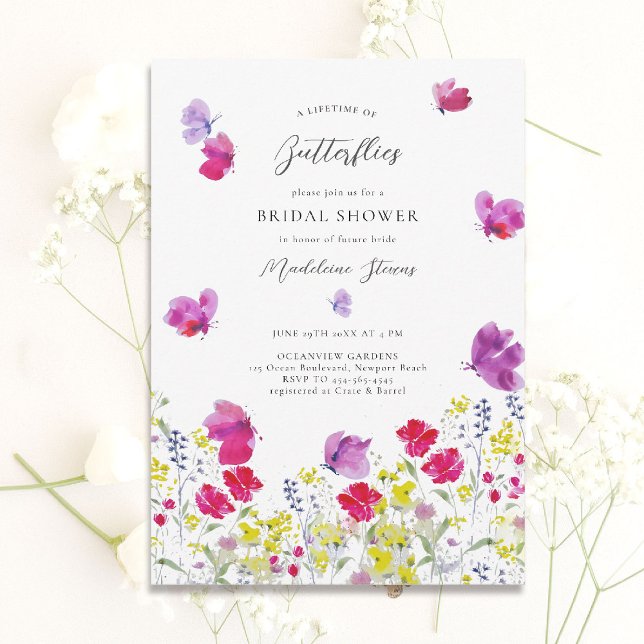 Invitación Mariposas de toda la vida Flores silvestres Amor D (lifetime of butterflies theme bridal shower invitation whimsical wildflowers watercolor romantic)