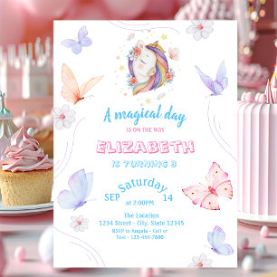 Invitación Mariposas de Unicornio Mágico Cumpleaños Rayado 