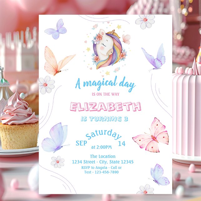 Invitación Mariposas de Unicornio Mágico Cumpleaños Rayado  (Subido por el creador)