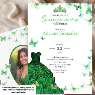 Invitación Mariposas de vestido verde esmeralda Foto Quincean