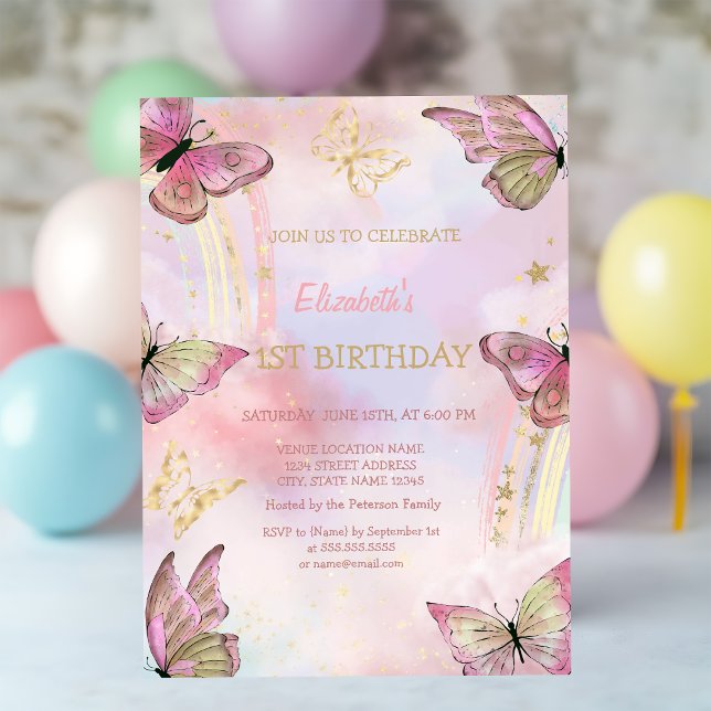 Invitación Mariposas doradas acuarela cumpleaños arcoíris (Subido por el creador)