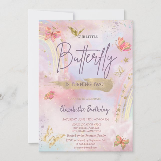 Invitación Mariposas Doradas Acuarela Cumpleaños Arcoíris (Anverso)
