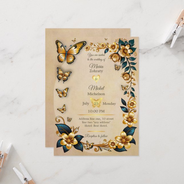 Invitación Mariposas doradas invitadas a la boda (Anverso/Reverso In Situ)