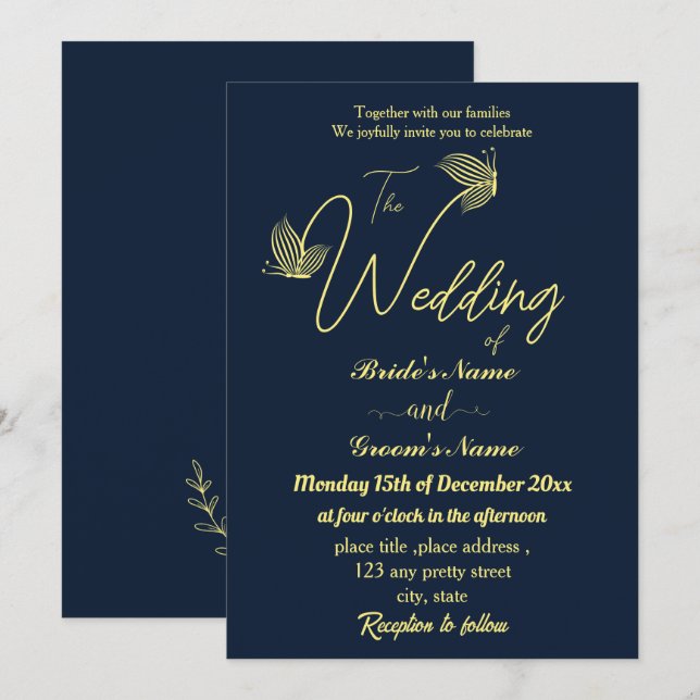 Invitación Mariposas doradas románticas y elegantes (Anverso / Reverso)