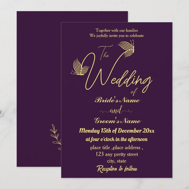 Invitación Mariposas doradas románticas y elegantes (Anverso / Reverso)