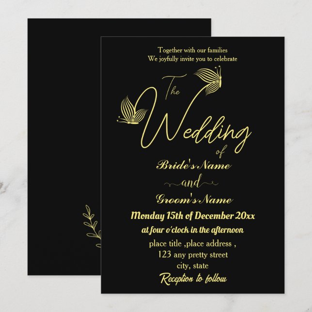 Invitación Mariposas doradas románticas y elegantes negro (Anverso / Reverso)