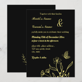 Invitación Mariposas doradas románticas y elegantes negro
