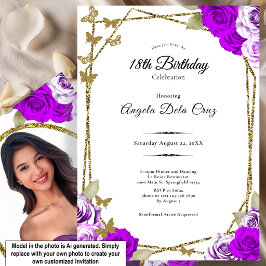 Invitación Mariposas Doradas Rosas Purpura Debut Cumpleaños 1