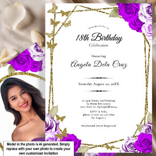 Invitación Mariposas Doradas Rosas Purpura Debut Cumpleaños 1