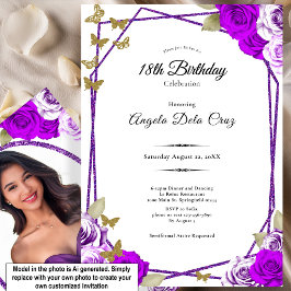 Invitación Mariposas Doradas Rosas Purpura Debut Cumpleaños 1