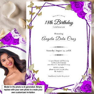 Invitación Mariposas Doradas Rosas Purpura Debut Cumpleaños 1