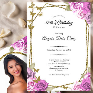 Invitación Mariposas Doradas Rosas Rosadas 18º Cumpleaños Deb