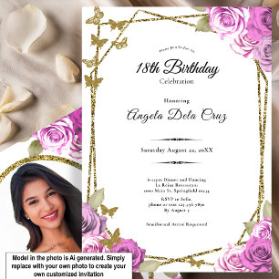 Invitación Mariposas Doradas Rosas Rosadas 18º Cumpleaños Deb