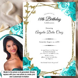 Invitación Mariposas Doradas Rosas Turquesa 18º Cumpleaños De
