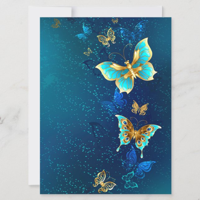 Invitación Mariposas doradas sobre fondo azul (Anverso)
