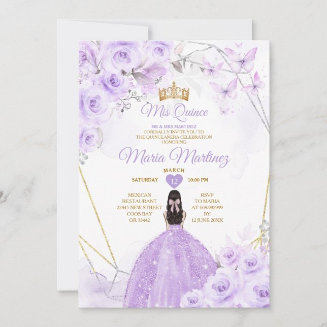 Invitación Mariposas doradas y moradas Princesa Quiñceanera (Anverso)