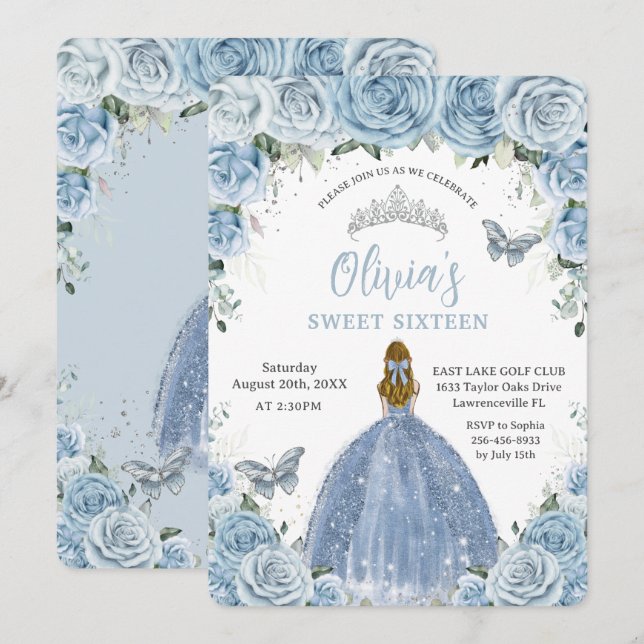 Invitación Mariposas dulces 16 Blue Floral Silver (Anverso / Reverso)