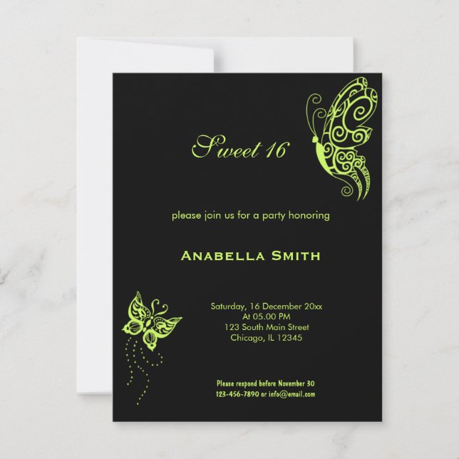 Invitación Mariposas Dulces 16 Verde Oliva Oscuro (Anverso)