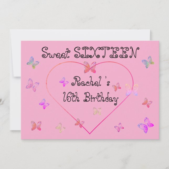 Invitación mariposas dulces de corazón rosado dulce dulce 16  (Anverso)