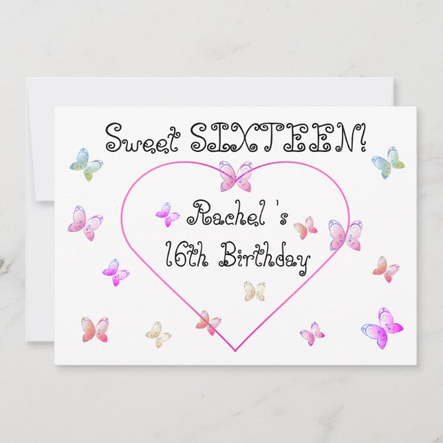 Invitación mariposas dulces de corazón rosado dulce dulce 16  (Anverso)