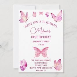 Invitación Mariposas dulces rosadas simples