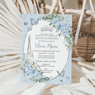 Invitación Mariposas Eiffel Floral Azul Bebé Quinceañera