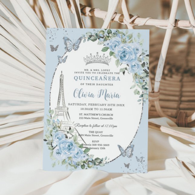 Invitación Mariposas Eiffel Floral Azul Bebé Quinceañera (Subido por el creador)