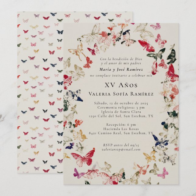 Invitación Mariposas Elegante Quinceañera 15 cumpleaños (Anverso / Reverso)