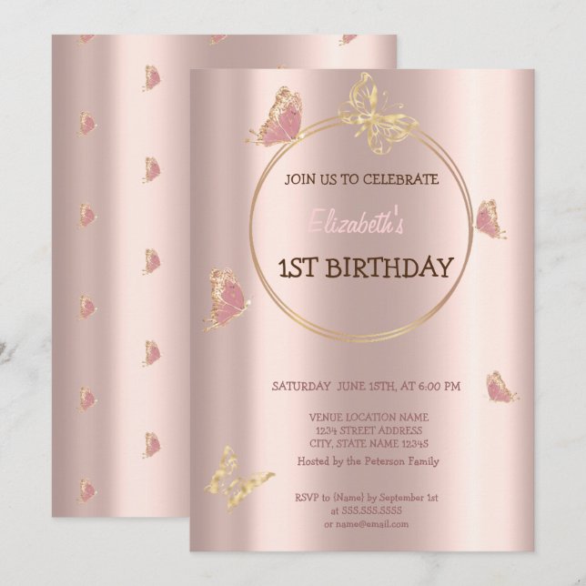 Invitación Mariposas Elegantes Cumpleaños Rosa Dorado (Anverso / Reverso)
