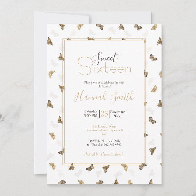 Invitación Mariposas elegantes de oro blanco (Anverso)