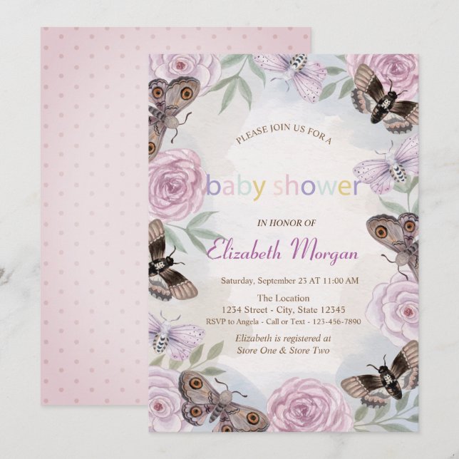 Invitación Mariposas Elegantes Flores de Bebé con Lunares  (Anverso / Reverso)