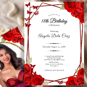 Invitación Mariposas Elegantes Rosas Rojas Debut Cumpleaños 1